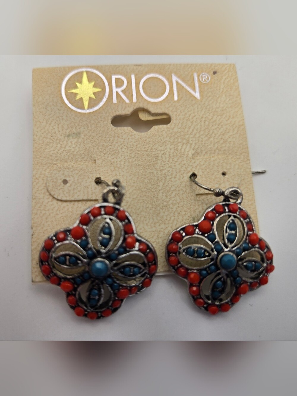 NOS Orion Red Blue Floral Drop Earrings Southwest Independence Day Summer Rodeo